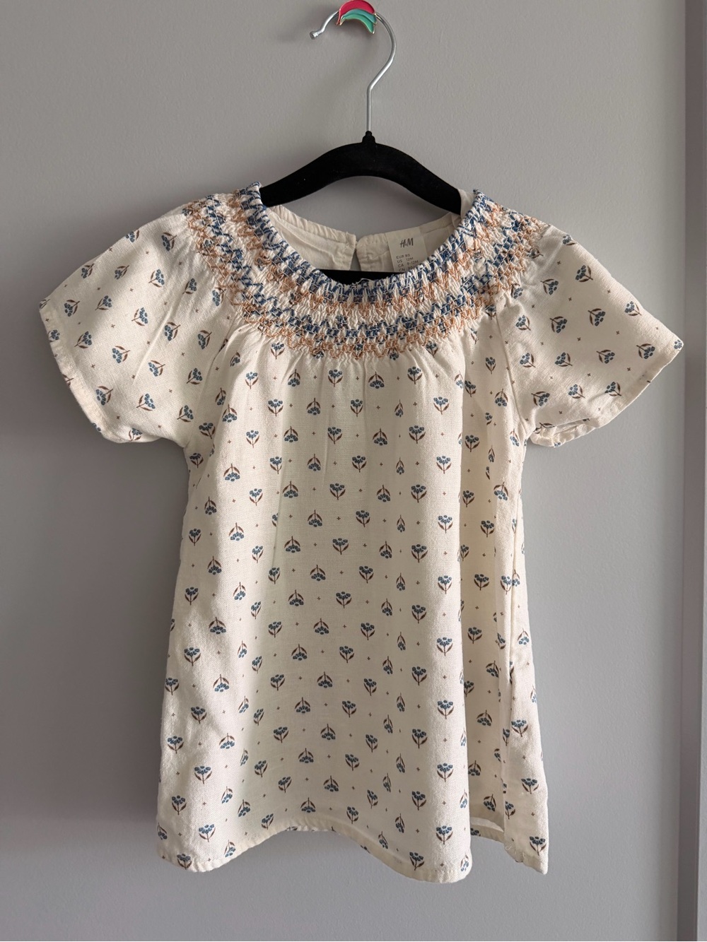 H&M Cream Floral Smocked Neck Kids Dress with Blue Accents